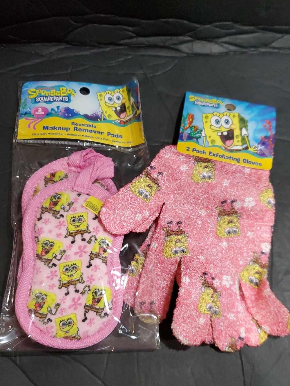 Nickelodeon's Spongebob squarepants exfoliating gloves and reusable makeup pads